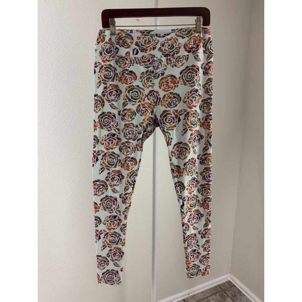 LuLaRoe Rare Disney Roses Mint Floral Leggings Tall & Curvy Multicolored Stretch